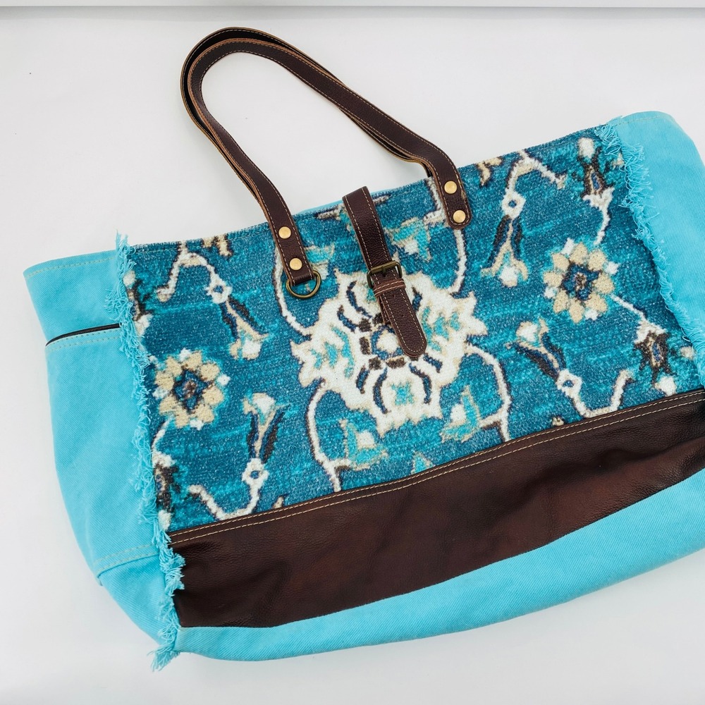 Myra Bag Tote Bag Women Large Turquoise Blue Rug Pattern Canvas Fringed